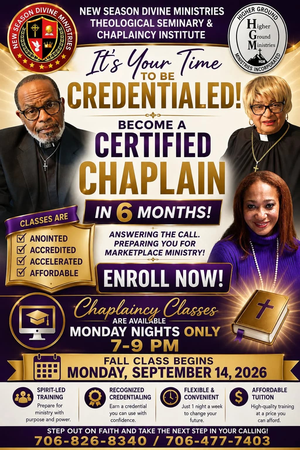 New Season Divine Ministries flyer inviting students to become a certified chaplain through a six-month Monday-night program