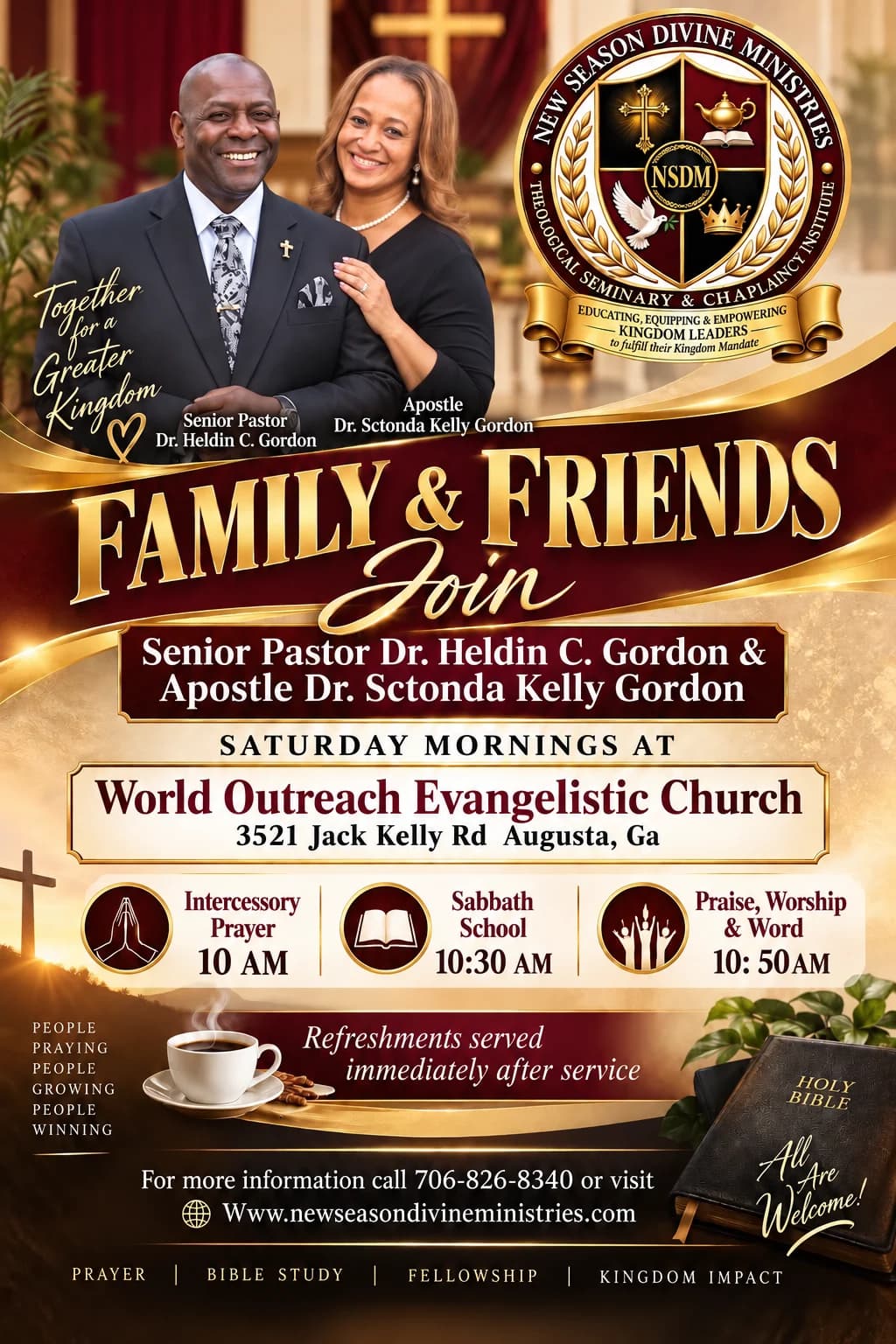 New Season Divine Ministries Family and Friends invitation with Senior Pastor Dr. Heldin C. Gordon and Apostle Dr. Sctonda Kelly Gordon, Saturday worship times, and Augusta location