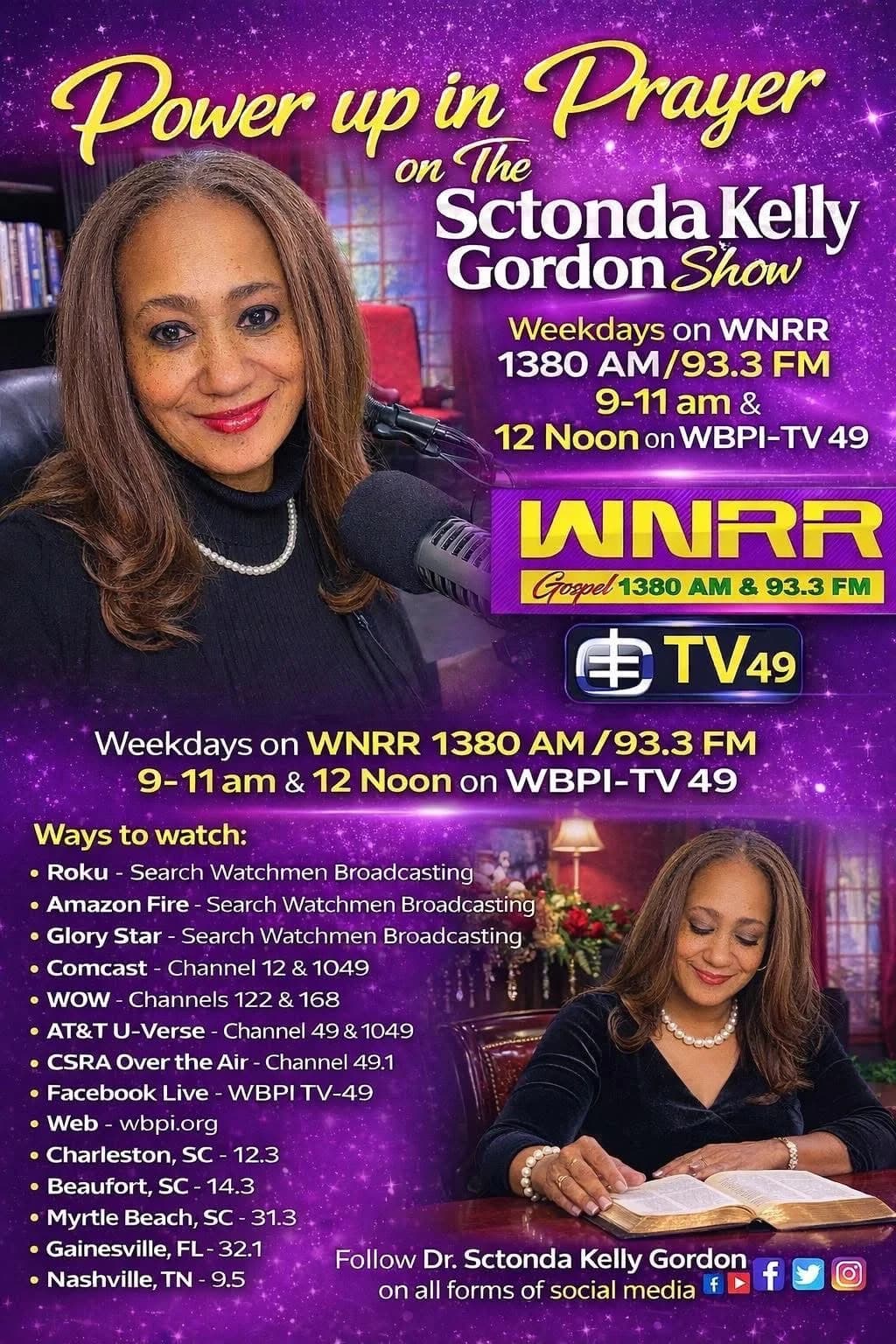 Power Up in Prayer on the Sctonda Kelly Gordon Show flyer with weekday WNRR radio and WBPI-TV 49 broadcast information